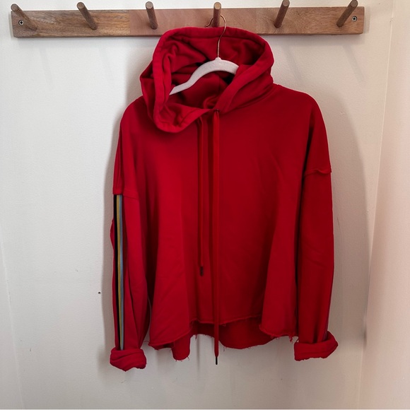 Cropped Evereve Red Hoodie with Striped Sleeves - Picture 1 of 6